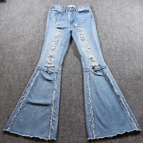 Almost Famous Jeans Women's 3 Blue Super Flare Bell Bottom Distressed Raw Hem - Picture 1 of 11